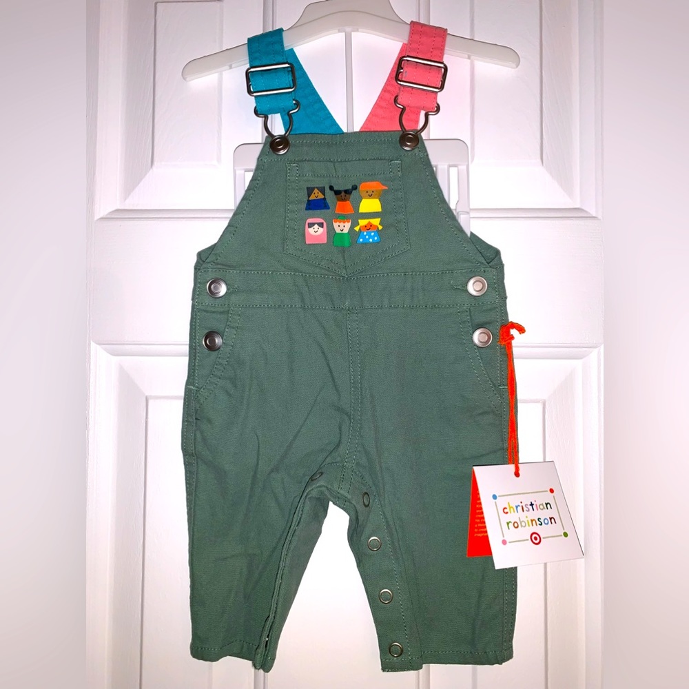 Christian Robinson green overalls, adjustable straps size 0-3M (9-12 lb)